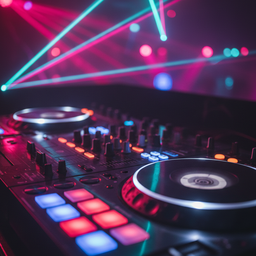 A dramatic, photographic realism close-up of a DJ mixer and controller mid-performance, emphasizing energy without showing people. Faders, EQ knobs, and backlit performance pads glow in vibrant reds, blues, and purples, with one fader slightly raised and a jog wheel frozen mid-spin. Reflections of colorful moving lights dance across the brushed metal surface, hinting at an active dance floor beyond the frame. The environment is dark, with focused beams of magenta and cyan light cutting through subtle haze, creating a sense of motion and rhythm. Shot from a low, intimate angle with shallow depth of field, the background dissolves into abstract bokeh. The mood is dynamic, high-energy, and immersive, suggesting a DJ who reads the room and keeps the vibe perfectly tuned.